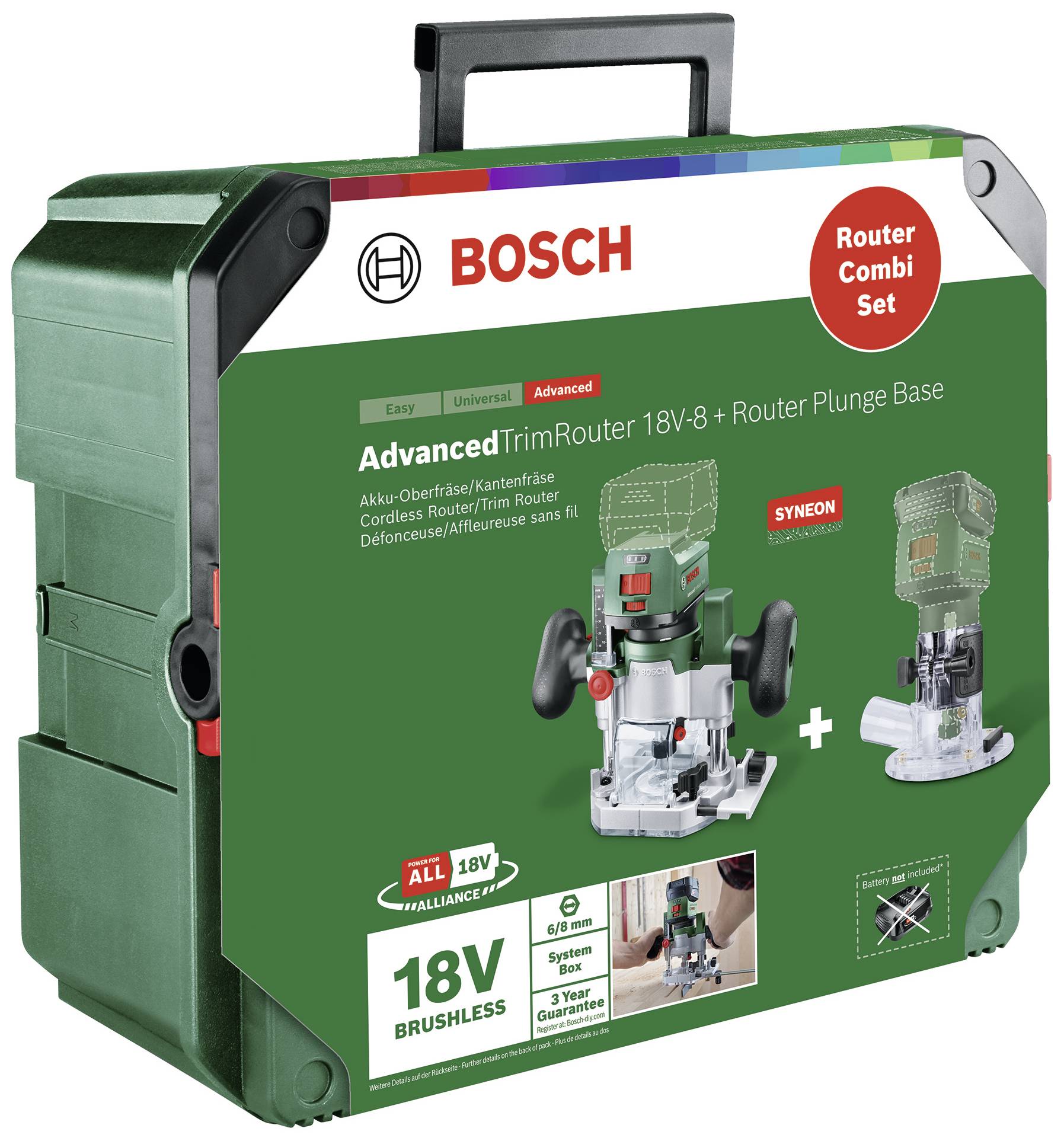Zelený kufřík s logem Bosch, obsahující sadu akumulátorové horní frézky 18V AdvancedTrimRouter s příslušenstvím.