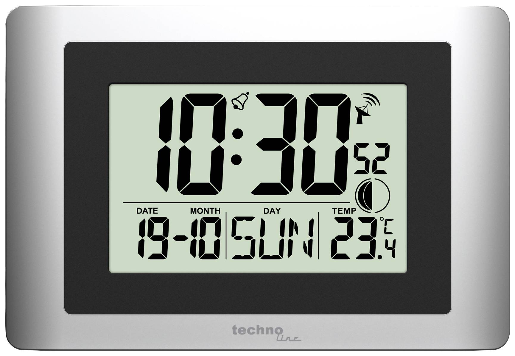 Digitální hodiny ukazují 10:30, s datem 19-05 a dnem v týdnu neděle. Teplota je zobrazena jako 23,4°C.