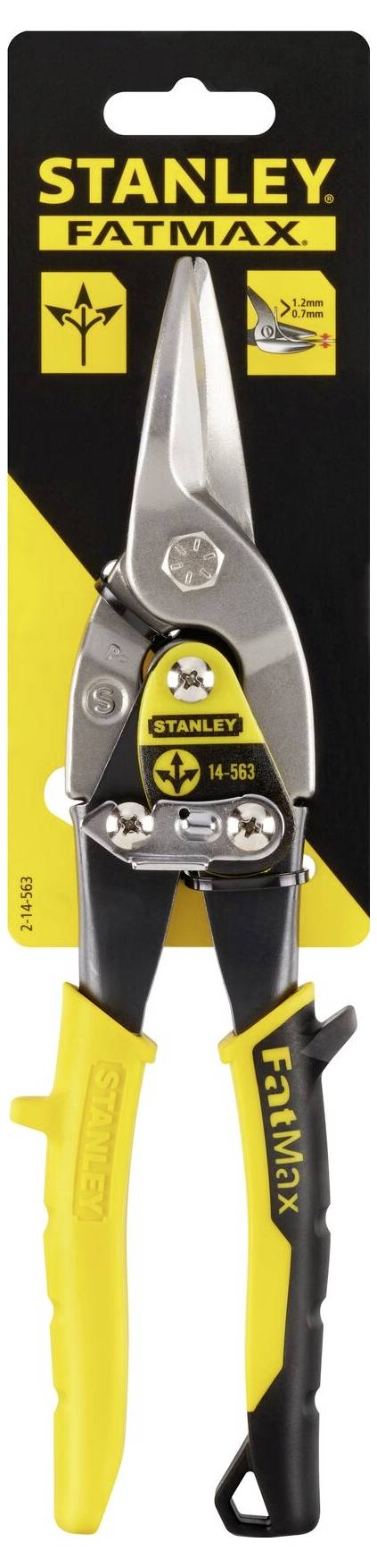 Žluto-černé plechové nůžky značky Stanley FatMax, model 14-563, na štítku s názvem značky a informacemi o produktu v pozadí.