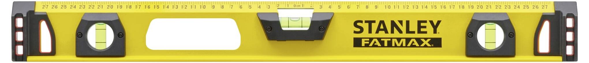 Vodováha značky 'Stanley Fatmax' z žlutého materiálu, se třemi libelami pro vyrovnávání.