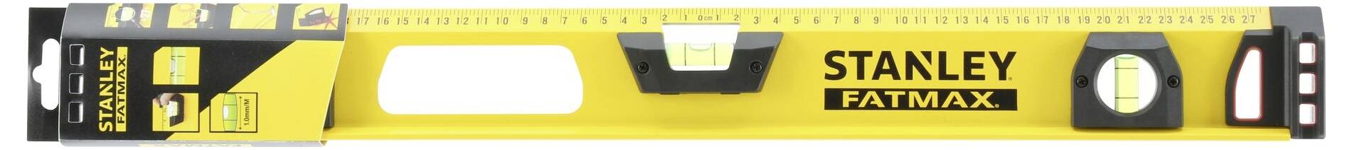 Žlutá vodováha Stanley Fatmax s průhlednými libelami pro horizontální a vertikální vyrovnání.