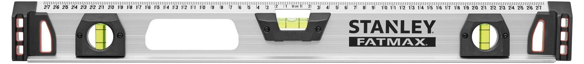 Vodováha se třemi libelami pro měření vyrovnání. Značka 'Stanley FatMax' viditelná na přední straně.