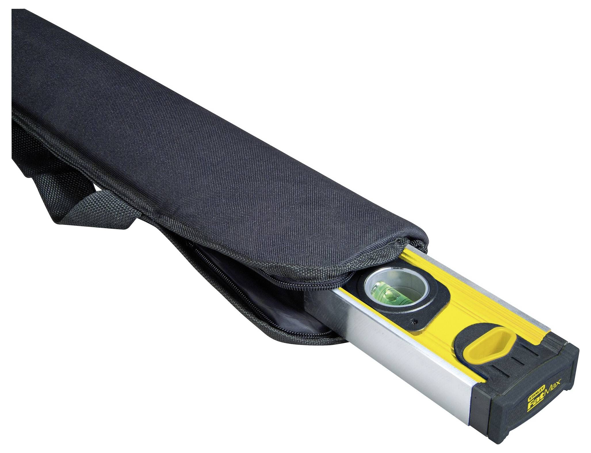 Vodováha s žlutým a černým tělem v černém ochranném pouzdře, částečně viditelná.