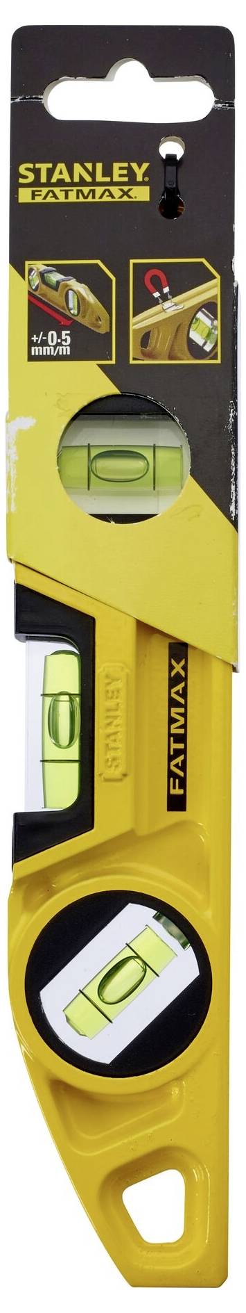 Žlutá vodováha Stanley Fatmax se třemi libelami v obalu. Obal zobrazuje ukázky použití a logo značky.