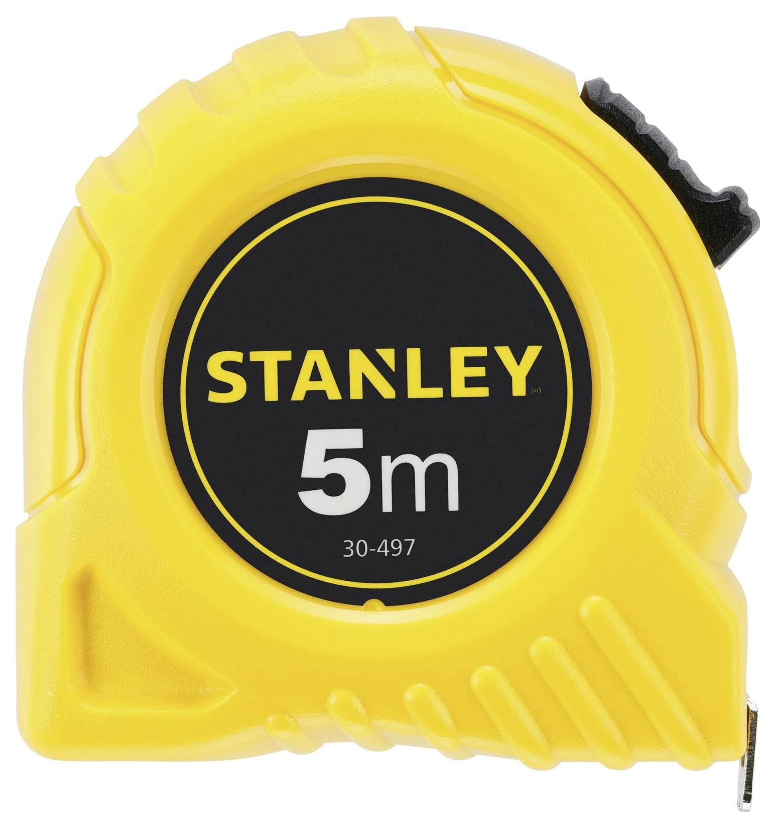 Žluté svinovací metr značky Stanley, 5 metrů dlouhé, s černým a žlutým popisem na přední straně.