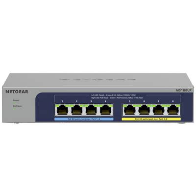 Síťový switch s osmi ethernetovými porty, s názvem značky 'NETGEAR' a číslem modelu vpravo. Viditelné LED diody pro stav připojení a PoE.