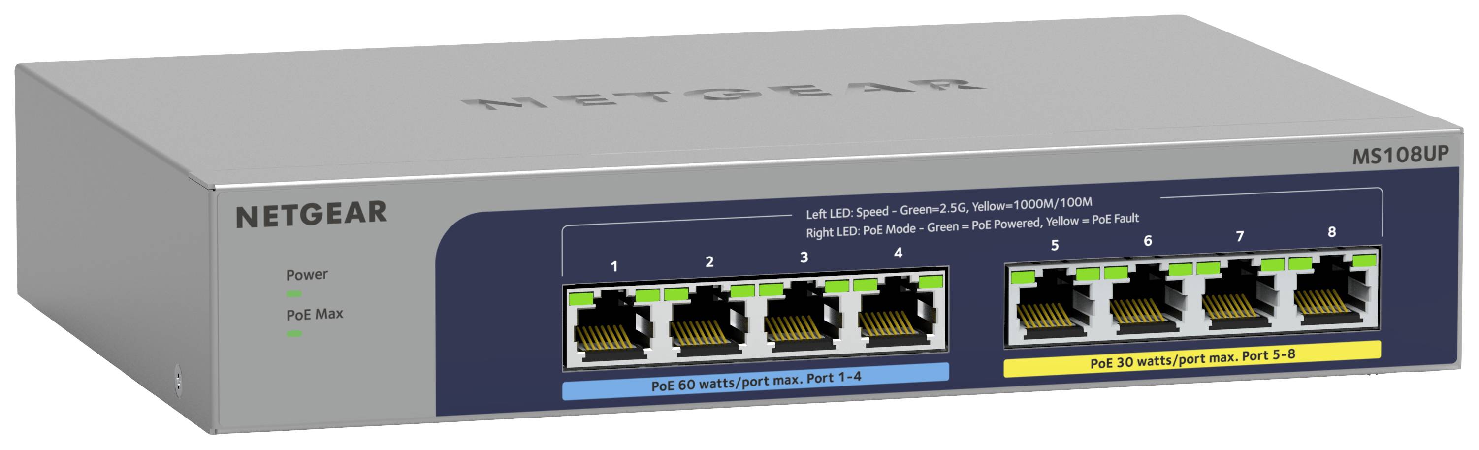 Síťový switch s osmi ethernetovými porty. Dva řádky portů s LED indikátory nad nimi. Název značky na horní straně.