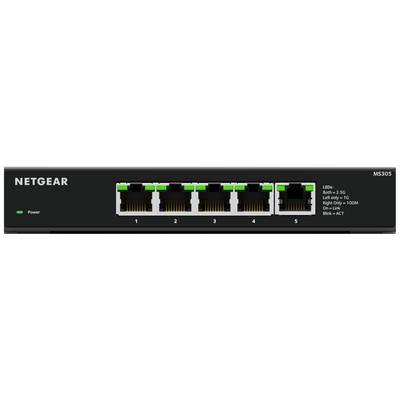 Síťový switch s pěti ethernetovými porty, modelové označení 'Netgear MS305'. Každá LED kontrolka portu indikuje stav připojení.