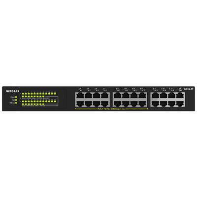 Černý síťový switch NETGEAR GS724TP se 24 ethernetovými porty a LED indikátory pro napájení a síťovou aktivitu.