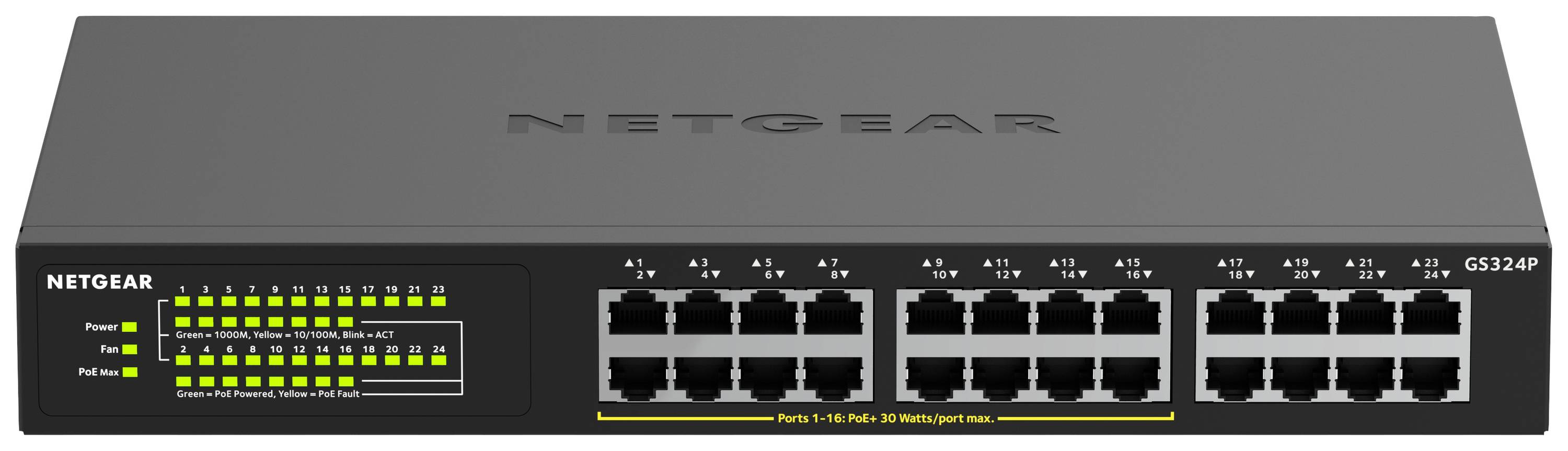 Síťový switch s 24 ethernetovými porty, LED indikátory síťového stavu. Číslo modelu na přední straně. Ideální pro síťová připojení.