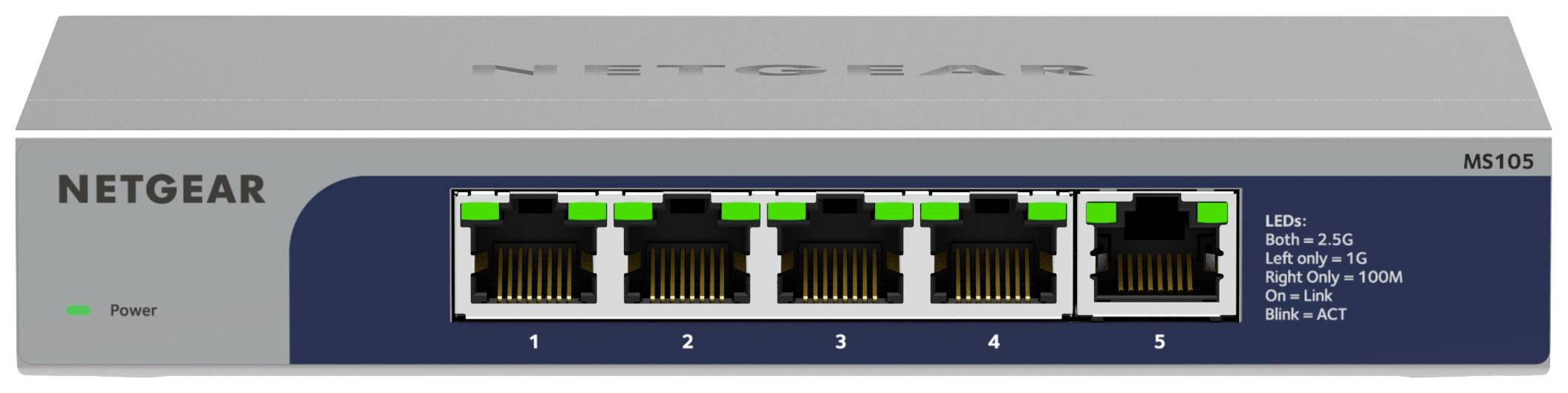 Síťový přepínač NETGEAR M5105 s pěti ethernetovými porty, vhodný pro přenos dat a síťová připojení v kancelářských prostředích.