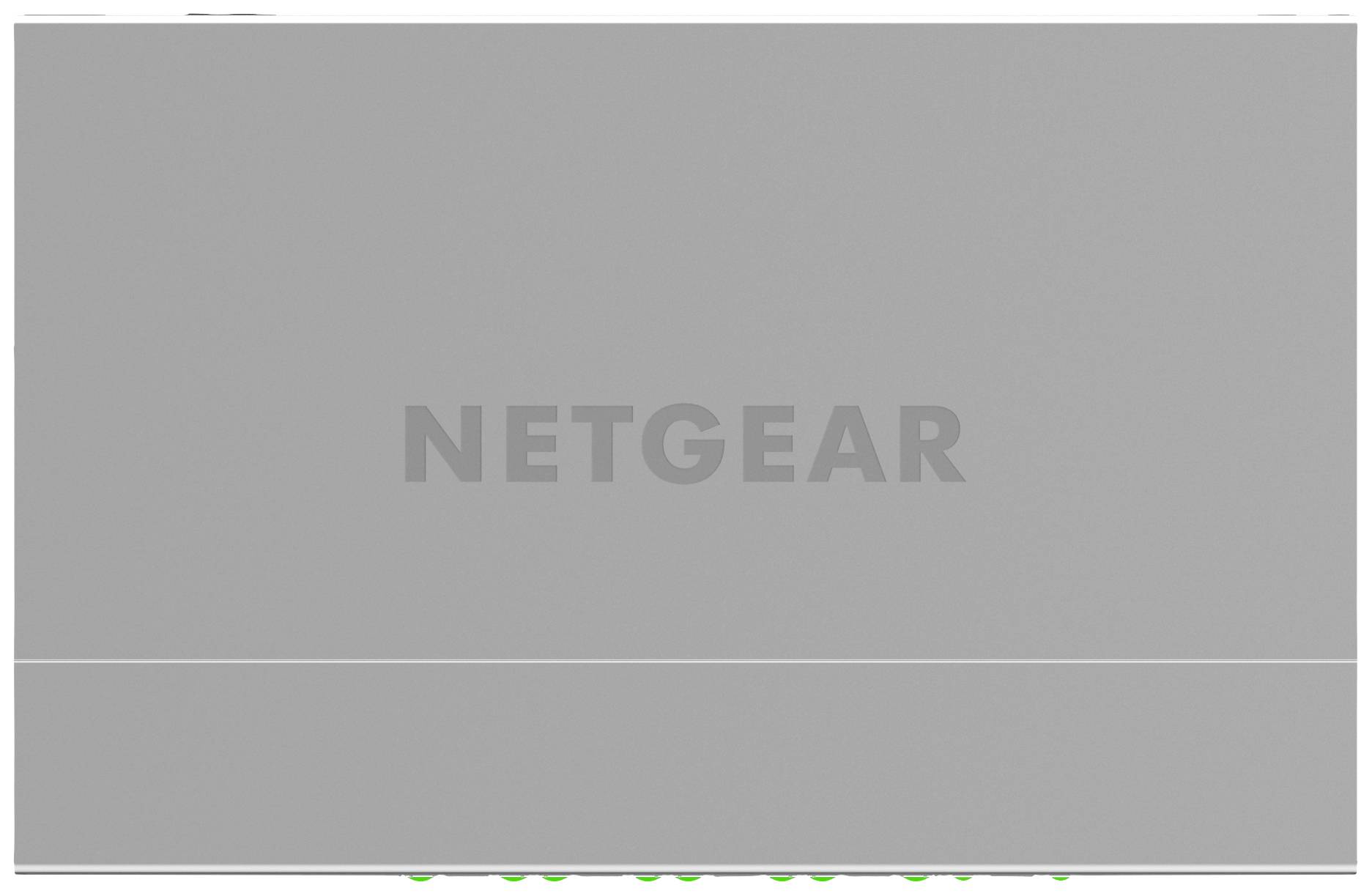 Šedé podsvícené logo společnosti Netgear, výrobce síťového vybavení.