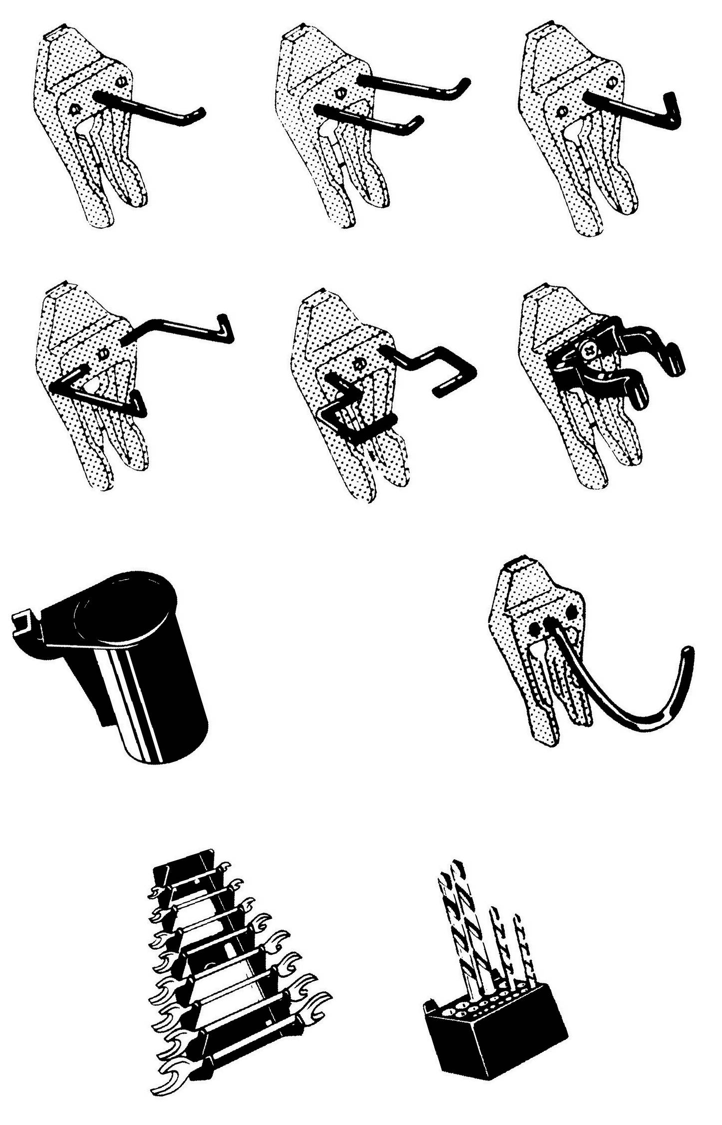 Obrázky různých kleští, kávové konvice, věže mobilního žebříkového vozíku a držáku vrtáků s vrtáky.