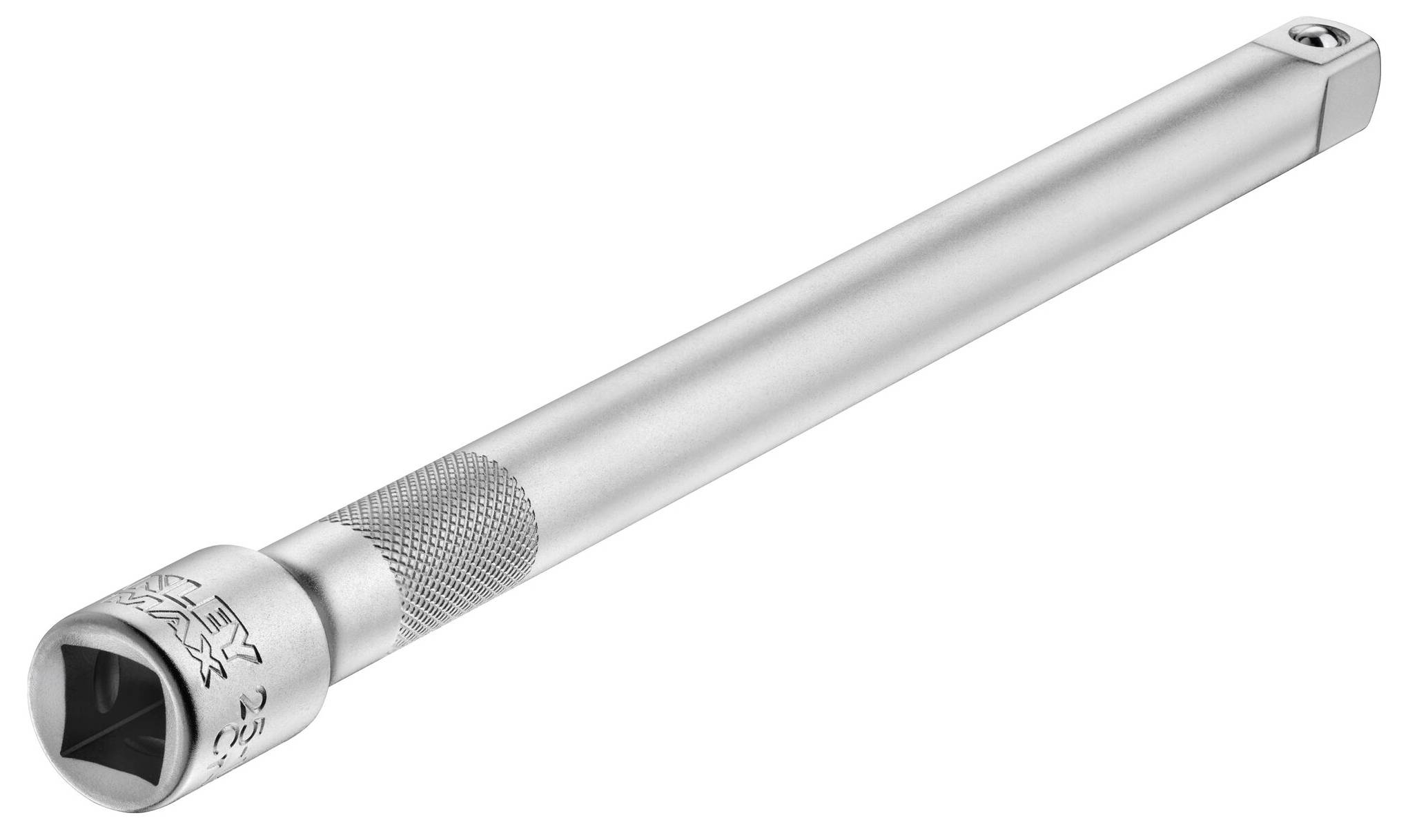 Stříbrná prodlužovací tyč se čtvercovou přípojkou a vroubkovanou rukojetí.