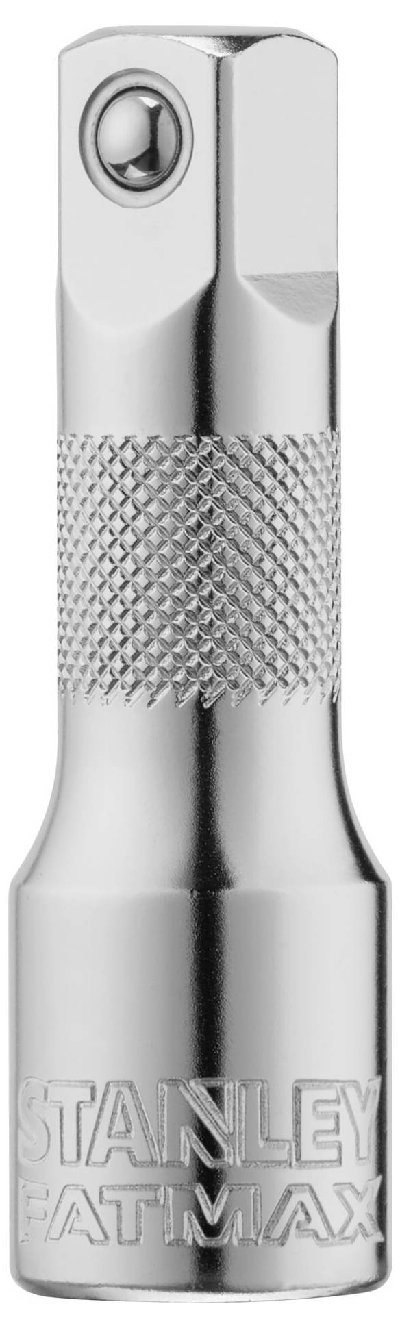 Stříbrný adaptér značky Stanley FatMax s úzkým vroubkovaným držadlem a čtyřhranným nástavcem pro nástroje.