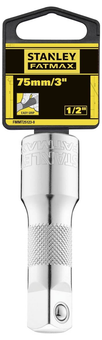 Prodlužovací nástavec 'Stanley FatMax' 75 mm, 1/2 palce, s protiskluzovou rukojetí. Obal zobrazuje název značky a specifikace výrobku.