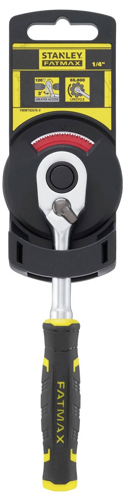 Ráčna Stanley FatMax s 1/4palcovým pohonem, ergonomickou rukojetí v žluté a černé barvě, prezentovaná na blistrovém obalu.