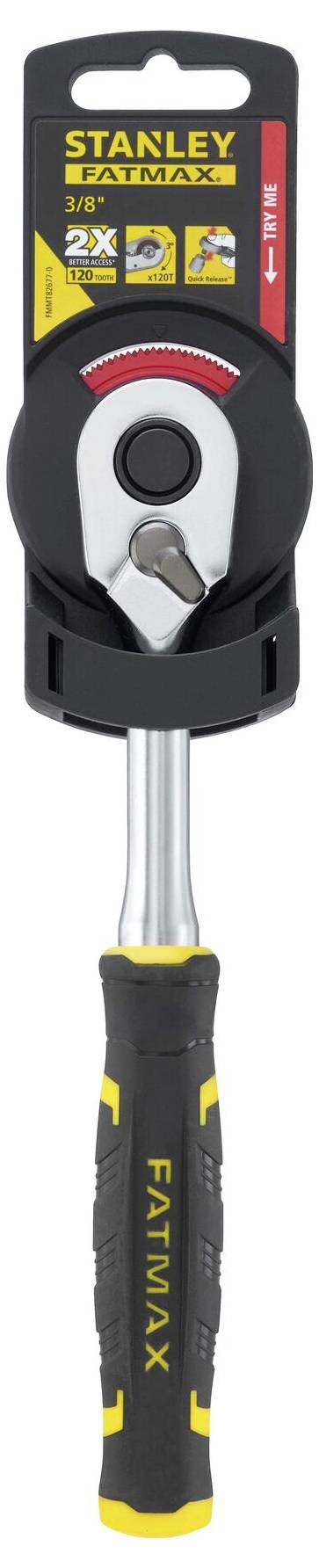 Ráčna s černou rukojetí a žlutým nápisem 'FATMAX'. Balení s potiskem 'STANLEY FATMAX' a produktovými informacemi.