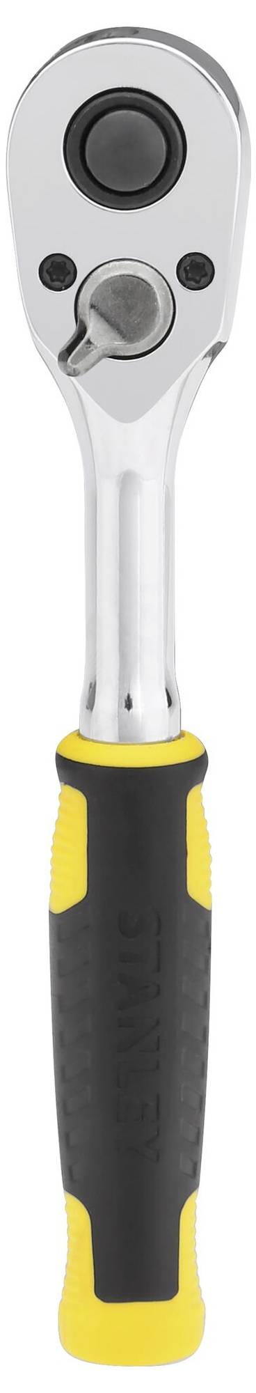 Stříbrný ráčnový klíč s černo-žlutou rukojetí; vhodný pro mechanické práce.