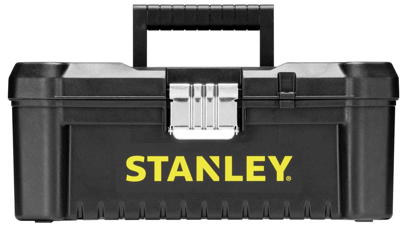 Kufřík na nářadí z černého plastu s žlutým logem 'STANLEY' na přední straně. Robustní rukojeť a kovový zámek.