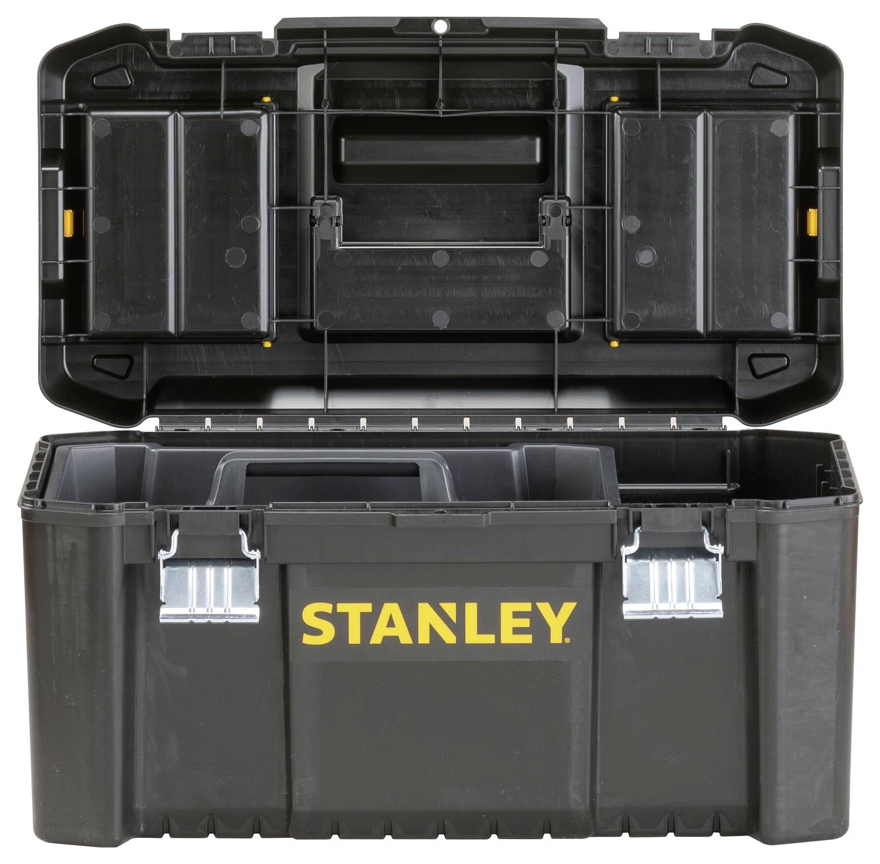 Otevřený, velký černý kufřík na nářadí se žlutým nápisem 'STANLEY'. Víko obsahuje několik přihrádek pro uskladnění.