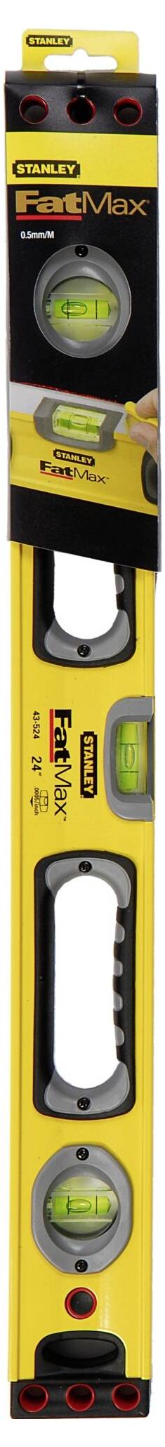 Vodováha 'Stanley FatMax', žlutá s černou rukojetí a zelenými libelami pro nivelaci, v originálním balení.