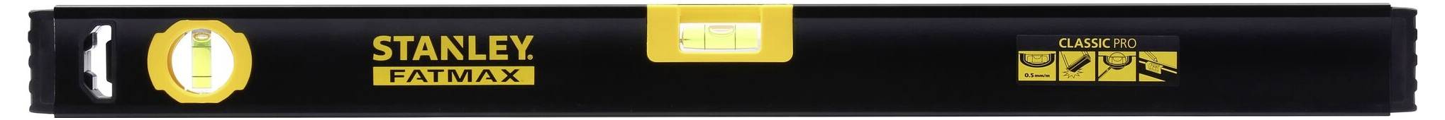 Vodováha 'Stanley FatMax' se žlutou střední částí a libelou pro indikaci vodorovnosti, černé konce.