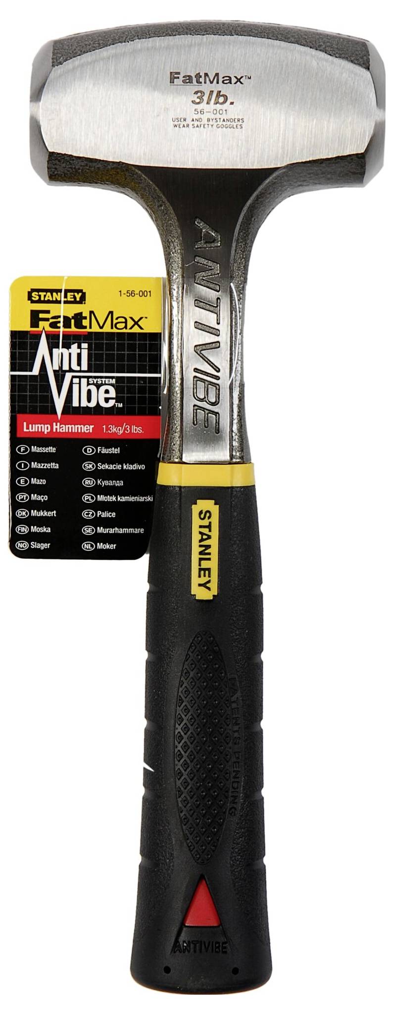 Kladivo s černou rukojetí a stříbrnou hlavou, označené nápisem 'FatMax 3 lb.', vedle štítku s textem 'FatMax AntiVibe'.