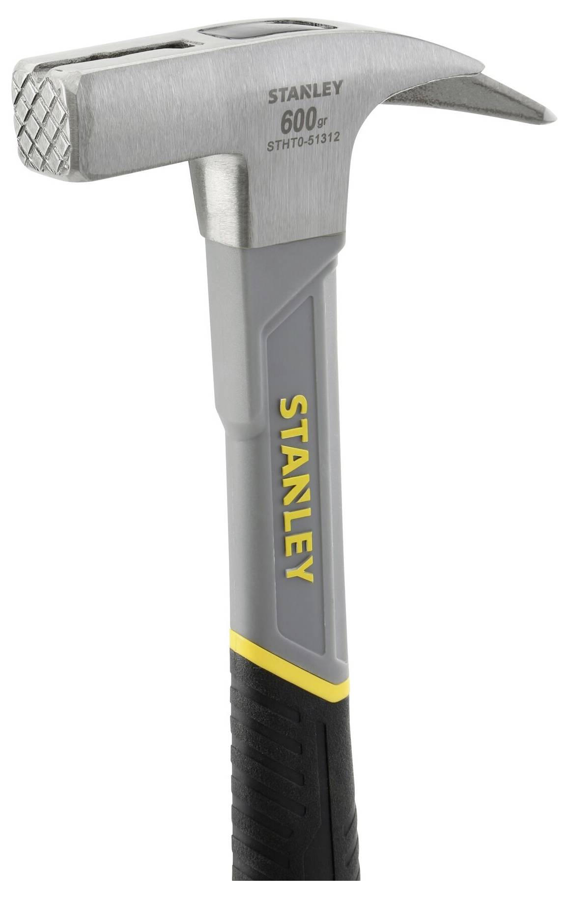 Šedé kladivo značky Stanley s žlutým nápisem a ergonomickou rukojetí. Navrženo pro přesné práce.