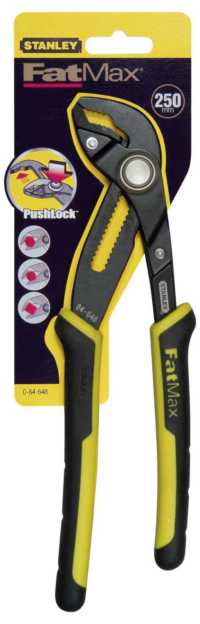 Černé a žluté instalatérské kleště značky Stanley v obalu. Balení zobrazuje název 'FatMax' a systém 'PushLock'.