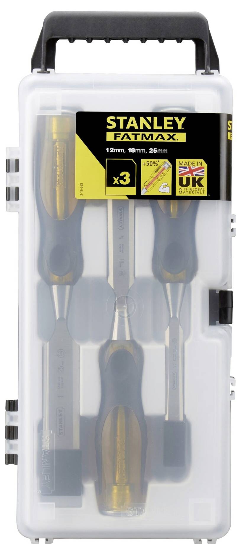 Tři Stanley Fatmax dláta v průhledné plastové krabičce, velikosti: 12 mm, 18 mm, 25 mm. Poznámka "Vyrobeno ve Spojeném království" na obalu.
