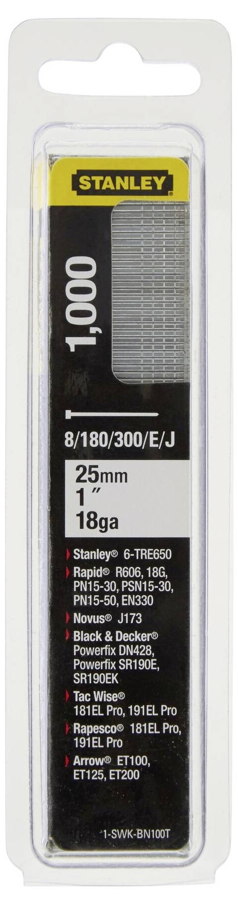 Balení 1000 spon. Rozměry: 25 mm, 1", 18 Gauge. Značka: Stanley. Uvedeny další kompatibilní modely.