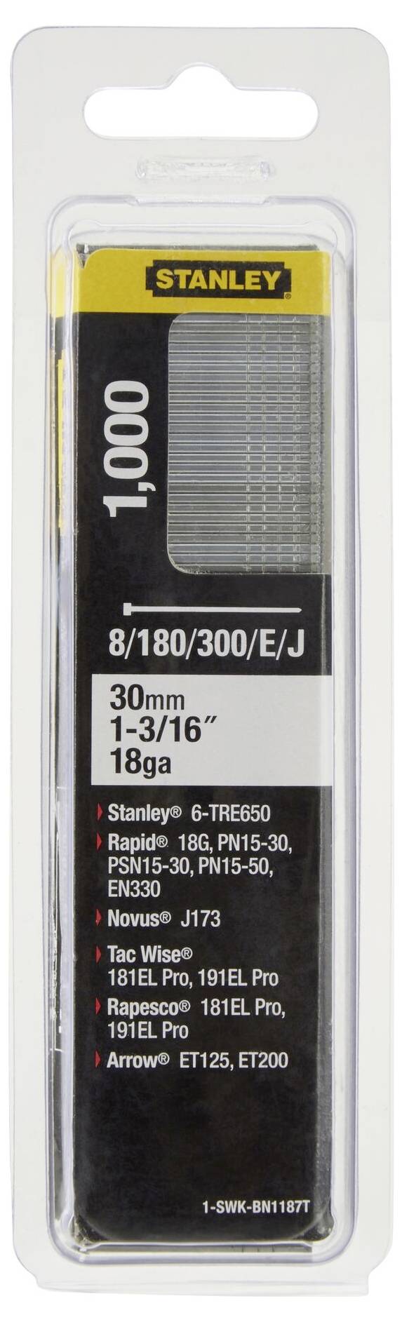 Balení 1.000 spon značky Stanley, délka 30 mm, tloušťka 18 gauge. Zabaleno v průhledné plastové krabičce.