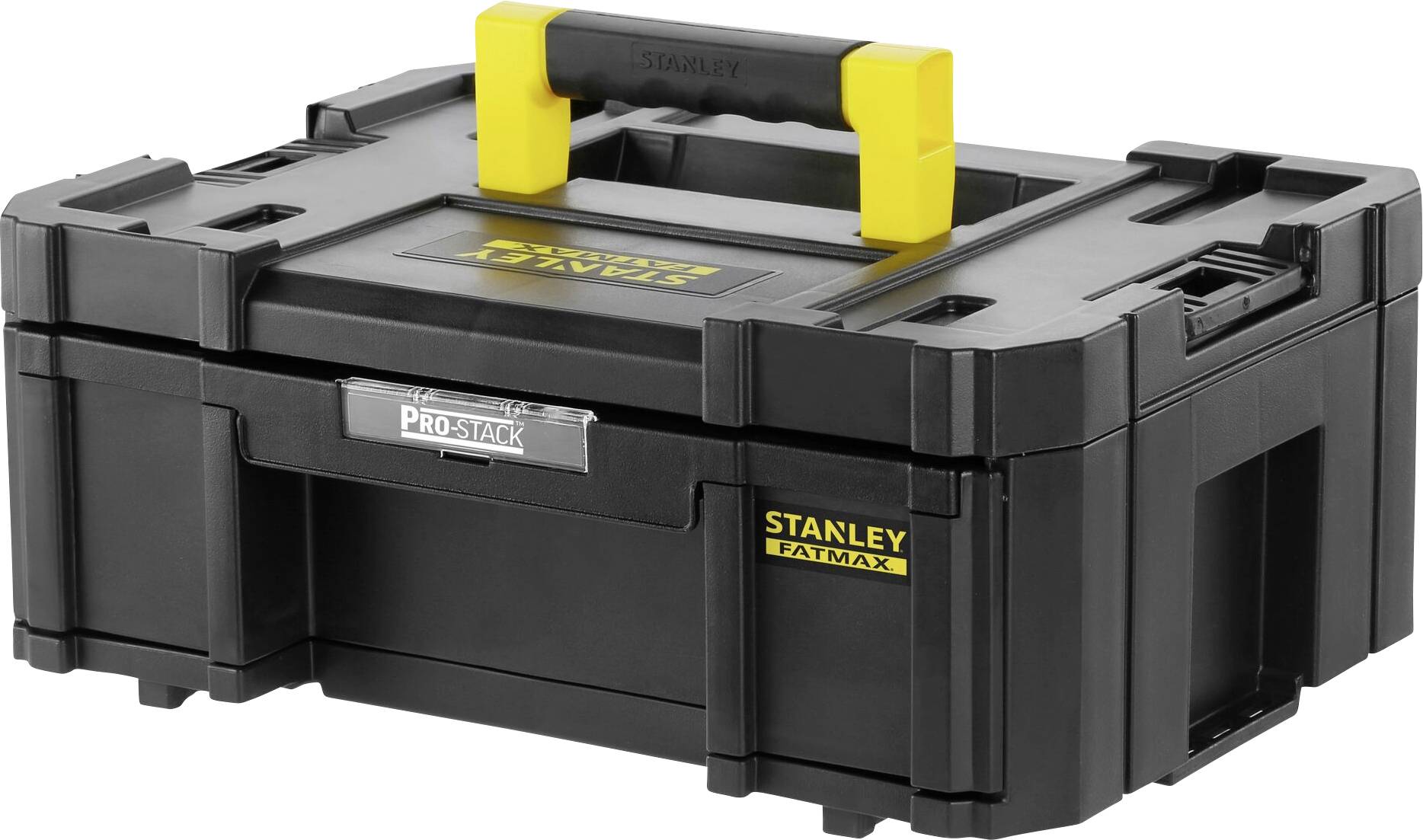 Černý kufřík na nářadí od Stanley se žlutou rukojetí, robustní design, ideální pro nástroje a příslušenství, přenosný a stohovatelný.