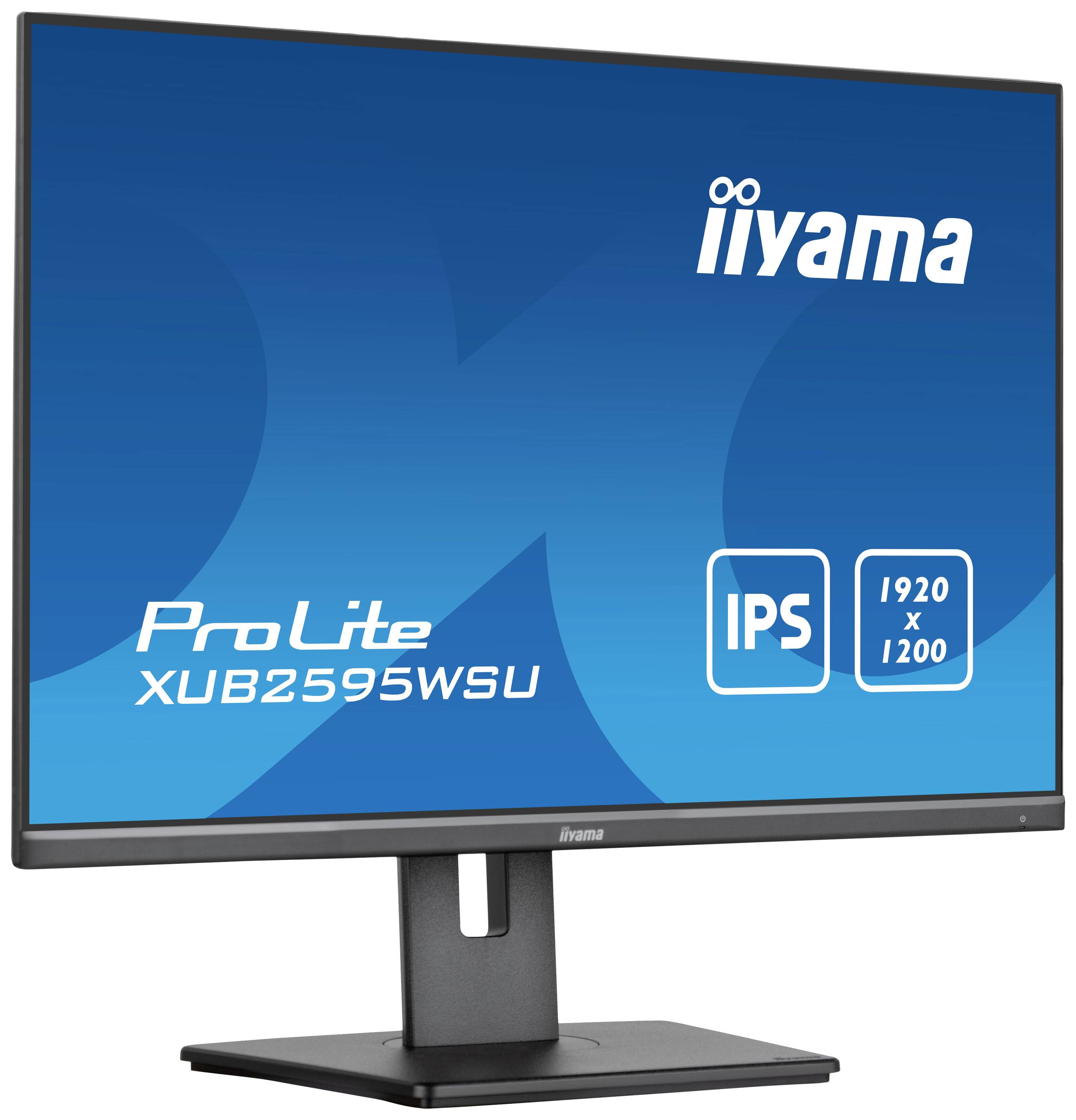 Plochý počítačový monitor značky iiyama s označením modelu 'ProLite XUB2595WSU', s IPS technologií a rozlišením 1920 x 1200.