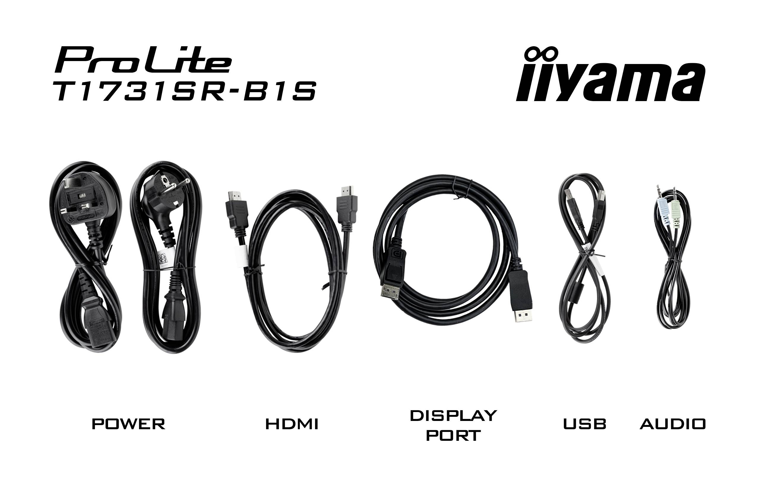 Produktové foto monitoru iiyama ProLite T1731SR-B1S. Zobrazuje připojovací kabely: napájení, HDMI, DisplayPort, USB, audio.