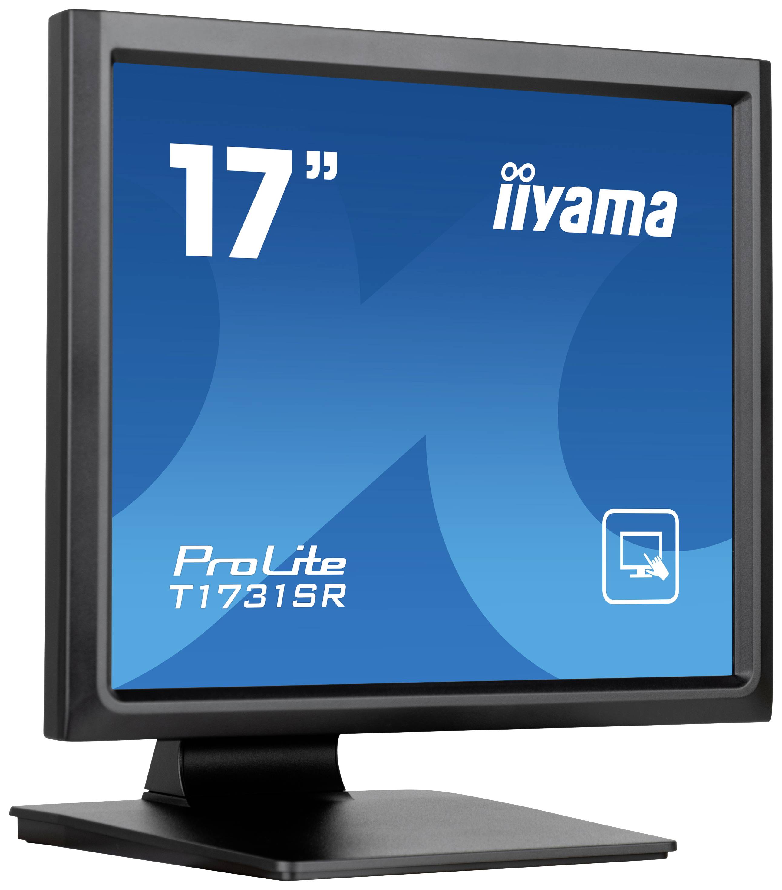 Černý počítačový monitor zobrazuje modré rozhraní s nápisem '17" iiyama ProLite T1731SR' a symbolem dotykové obrazovky.