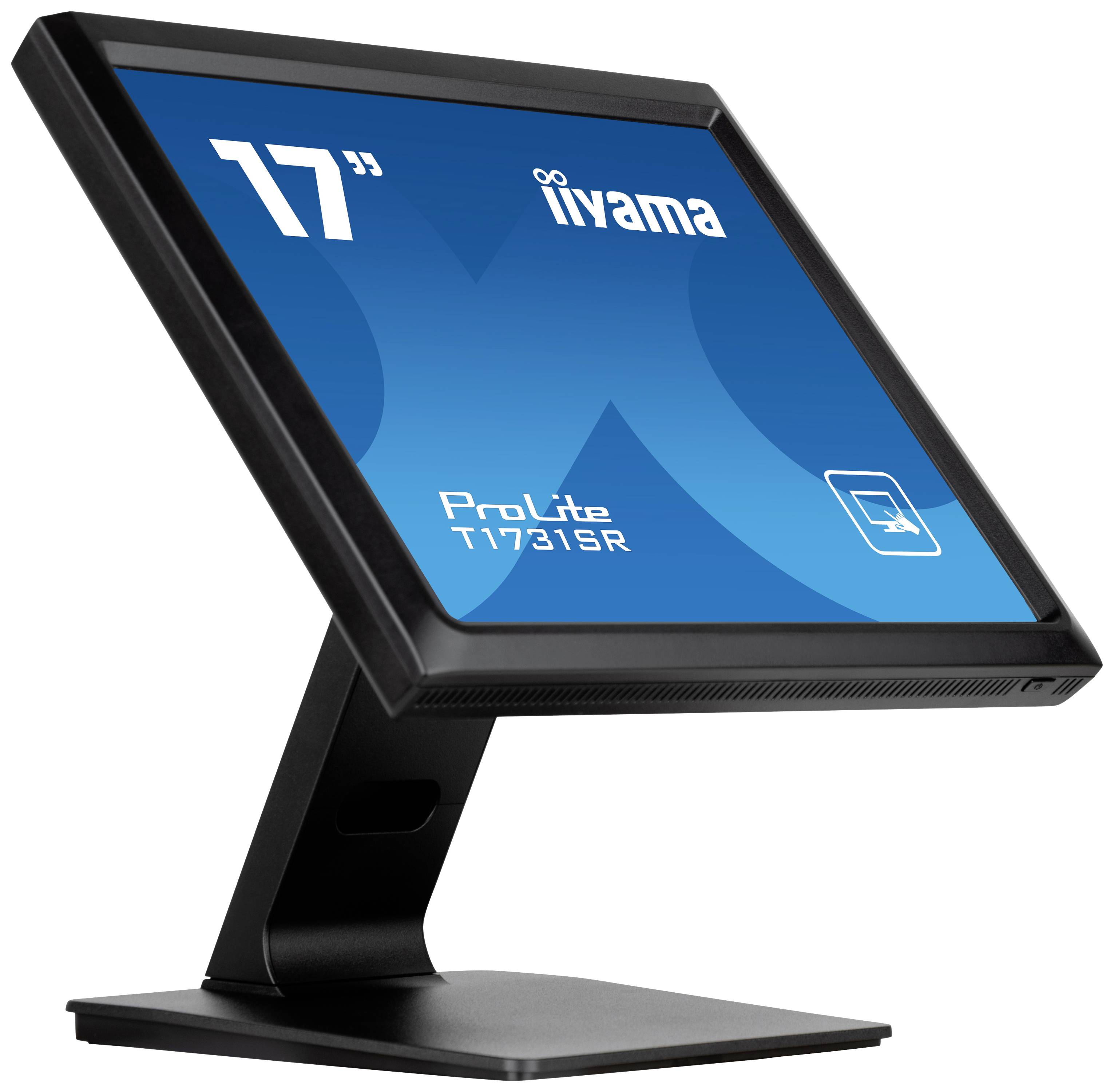 17palcový dotykový monitor iiyama ProLite umístěný na stojanu, zobrazený z boku, s číslem modelu 'T1731SR' na displeji.