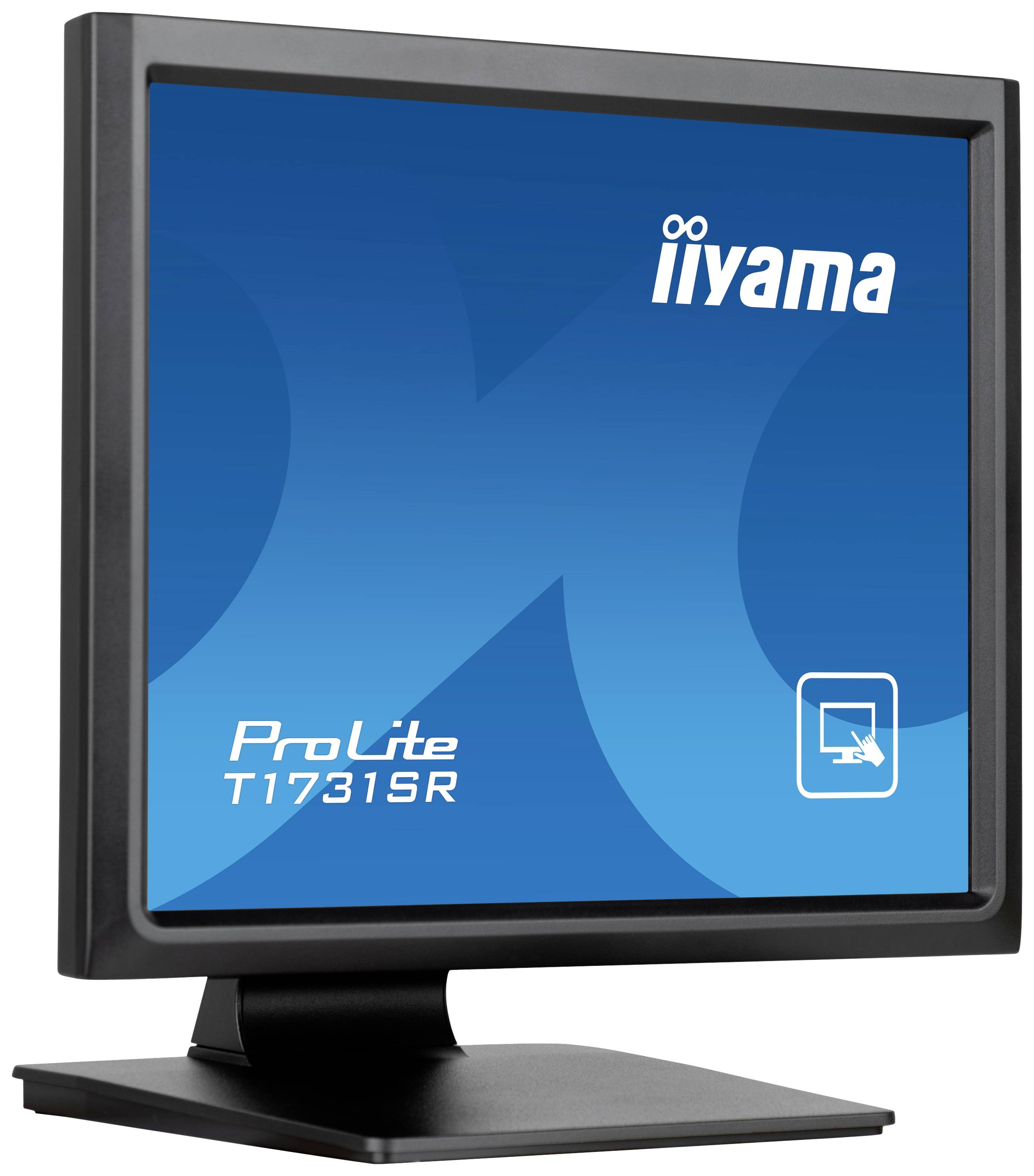 Počítačový monitor s nápisem 'iiyama ProLite T1731SR' zobrazuje modré designové provedení s ikonou dotykové obrazovky.