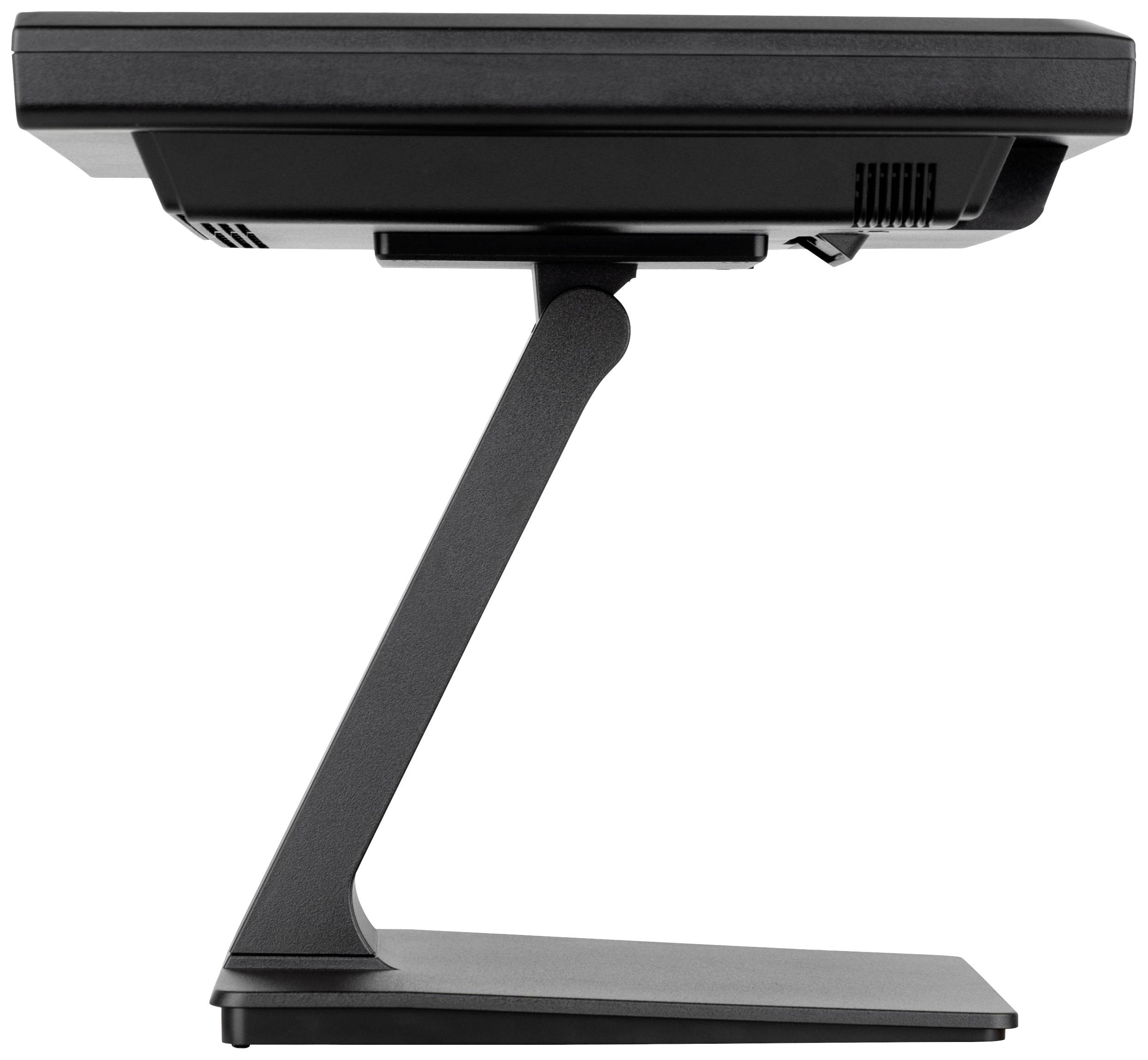 Černý monitor v bočním pohledu na stojanu ukazuje štíhlý design a nastavitelný držák.
