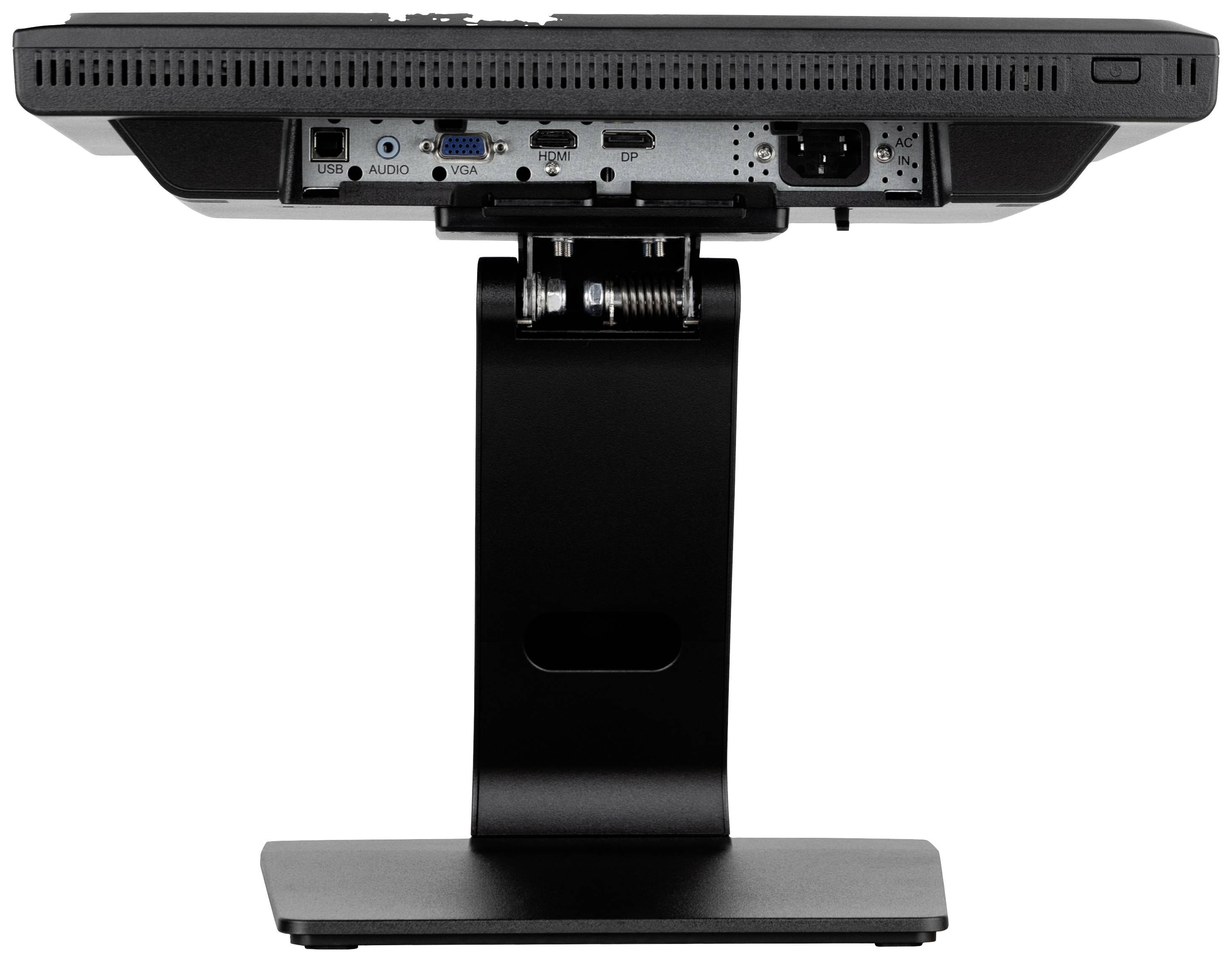 Pohled zezadu na počítačový monitor s viditelnými porty: audio, VGA, DVI a napájení. Monitor je umístěn na stabilní podstavě.