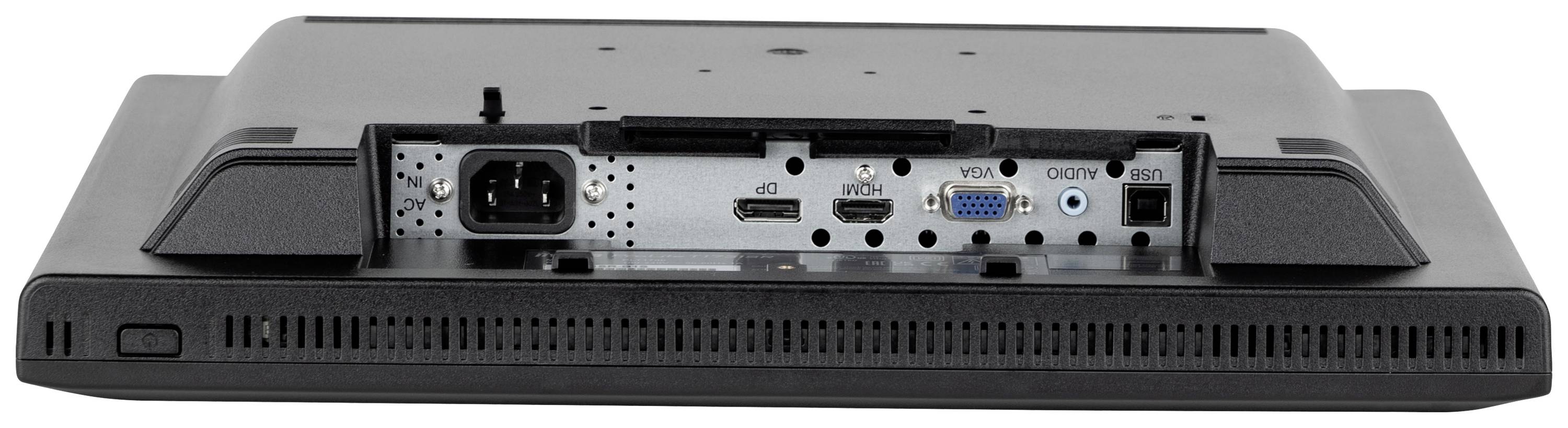 Zadní pohled na monitor s různými porty: napájecí kabel, HDMI, DisplayPort, VGA a audio rozhraní.