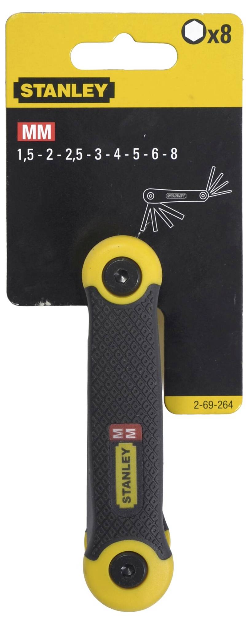 Sada inbusových klíčů 'Stanley' v milimetrových velikostech (1,5 až 8 mm), s žlutou a černou rukojetí, zobrazená na kartónové krabici.
