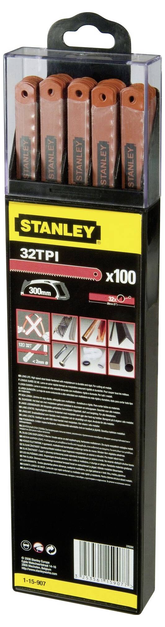 Balení deseti červených pilových listů od Stanley, 32 zubů na palec, vhodných pro 300mm rámovou pilu. Obsahuje návod k použití.