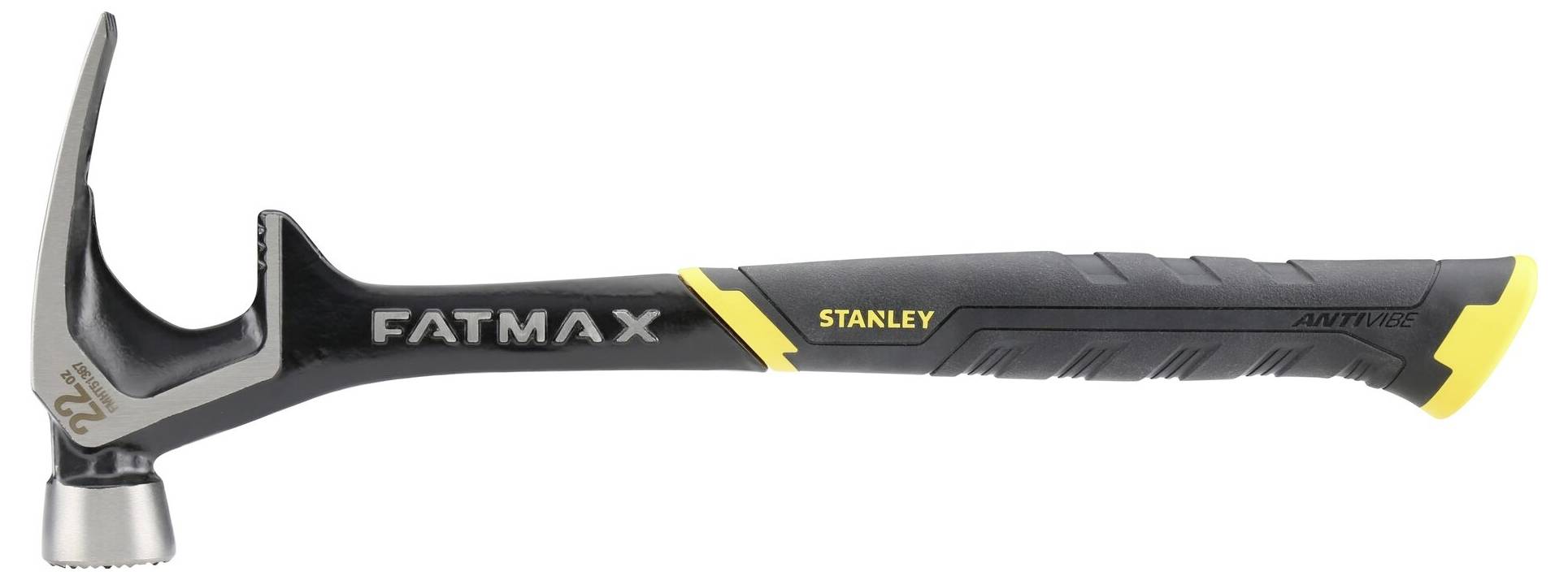 Obraz černého kladiva Stanley FatMax se žlutými akcenty. Kladivo má kovovou hlavu s drápem a ergonomickou rukojetí.