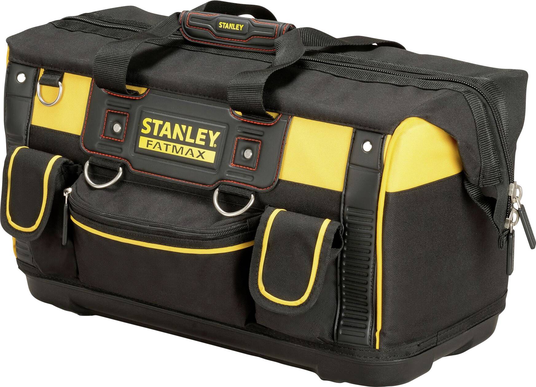 Černá a žlutá montážní brašna s několika kapsami a zipem. Nese logo 'Stanley Fatmax'.