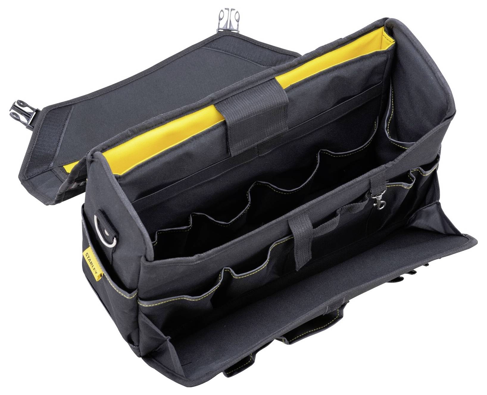 Černá brašna na nářadí s otevřeným víkem, zobrazující několik přihrádek a žluté vnitřní podšití, vhodná pro organizaci nářadí.
