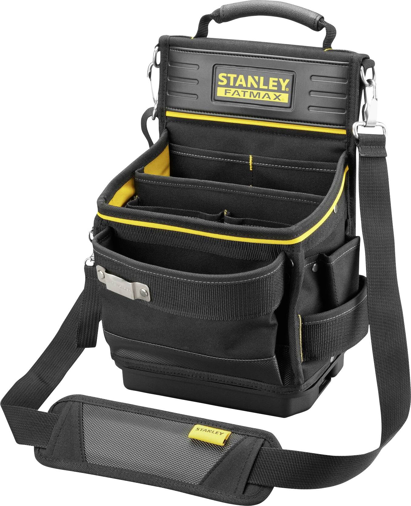 Černá nářaďová brašna Stanley FatMax se žlutým lemováním, několika kapsami a ramenním popruhem pro nářadí.