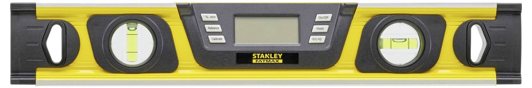 Vodní váha s digitálním displejem uprostřed a dvěma libelami na koncích, žluto-černé barvy, položená vodorovně.