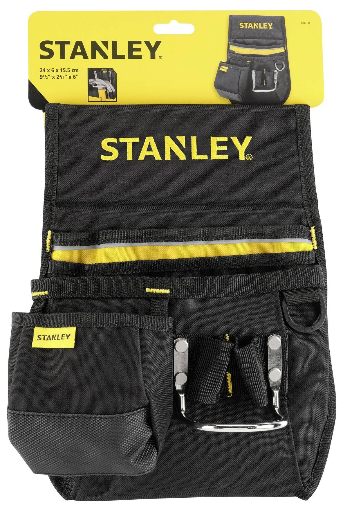 Černá brašna na nářadí Stanley s více kapsami a žlutými akcenty, vhodná pro ruční nástroje.